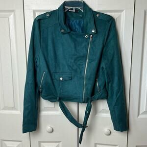 Missguided Asymmetrical Faux Suede Moto Jacket Teal 10